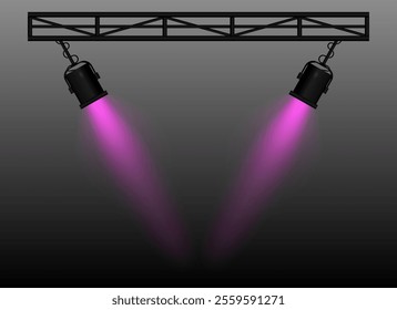 Pink Spotlight. Two black stage lights mounted on a truss, casting bright beams, theatrical lighting effect, performance scene, illumination, event setup, focused light projection, wallpaper