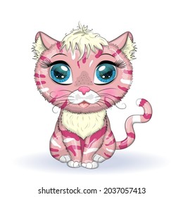 Pink and spotted cat with beautiful eyes in cartoon style, colorful illustration for children. greeting card