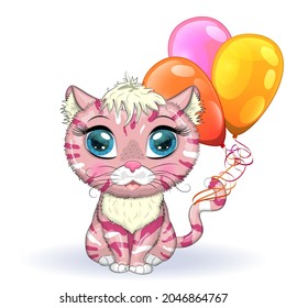Pink and spotted cat with beautiful eyes among flowers, balloons in cartoon style, colorful illustration for children. greeting card