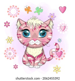 Pink and spotted cat with beautiful eyes among flowers, balloons in cartoon style, colorful illustration for children. greeting card