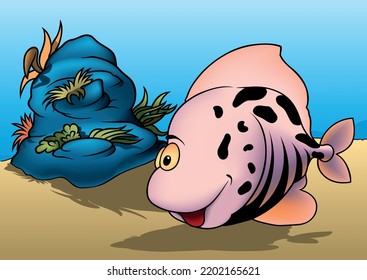 Pink Spotted Fish with Yellow Eyes - Colored Cartoon Illustration with Background, Vector