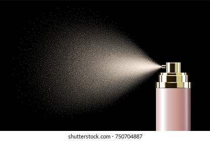 Pink Spray Bottle, Blank Container With Spraying Mist In 3d Illustration Isolated On Black Background