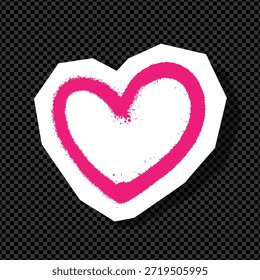 Coração cor-de-rosa pintado com spray sobre um recorte de papel branco em estilo grafite, mostrado em um fundo quadriculado transparente, simbolizando o amor