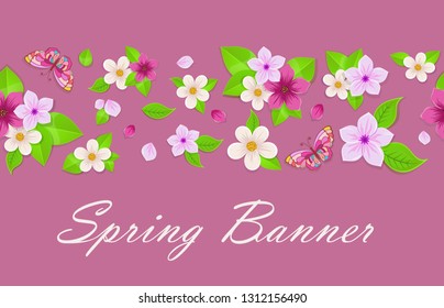 Pink spring banner design. Abstract background with flowers and butterflies. Vector illustration.