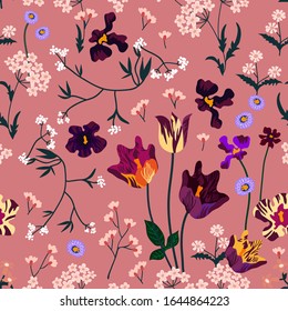 Pink spring blossom. Seamless pattern with tulips and wildflowers. Template for textile design, cards, scrapbookings.