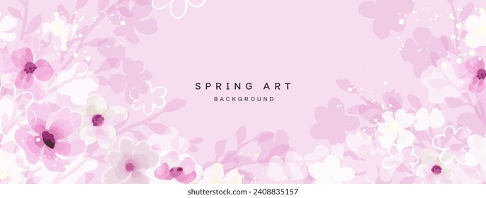 Pink spring floral artistic background. Cherry blossoms. Wallpaper in watercolor style with blooming branches, flowers and leaves. Vector abstract pastel background for banner, poster, web, packaging