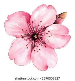 Pink spring flower illustration, isolated on white. Spring blossom element for design needs. Realistic petals and stamens. Clip art. Pink cherry flower, sakura bloom, spring card single design element