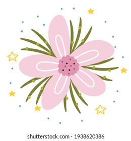 Flor de primavera rosada sobre fondo blanco. Primavera temprana. Ilustración vintage en colores pastel. Diseño plano. Ilustración dibujada por mano simple. Concepto minimalista y elegante.