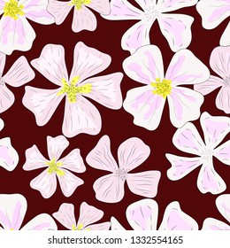 Pink spring flower seamless pattern. Sakura cherry blossom repeat pattern. Traditional Japanese flowers on maroon background. Beautiful fabric design and wallpaper.