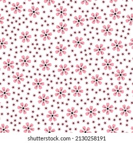 Pink spring flower seamless pattern in hand drawn cute doodle style. Trendy and modern floral illustration designs for textile prints, wallpapers, cards, gift wrapping paper, pattern for girls.