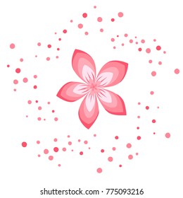 Pink spring flower vector art surrounded by circular pattern pink dots (signifying pollen).  Transparent background in vector file.