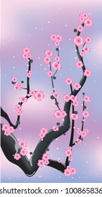 pink spring flowering branch on abstract colorful background