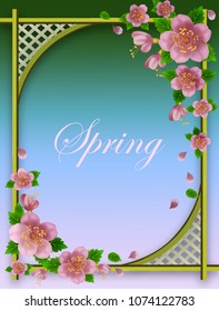 pink spring flowers against a wooden lattice, flowering branches against a summer gazebo background