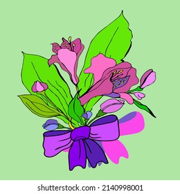 Pink spring flowers with a bow on a pale green background.
