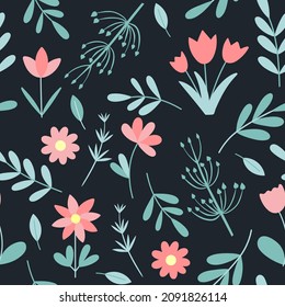 Pink spring flowers and leaves seamless pattern. Botanical beautiful floral deciduous background. Template for wallpaper and design