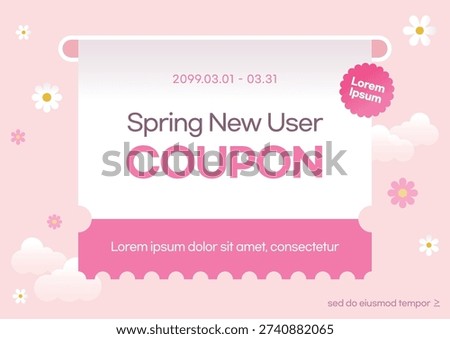Pink spring new user discount coupon ticket template with floral and cloud background
