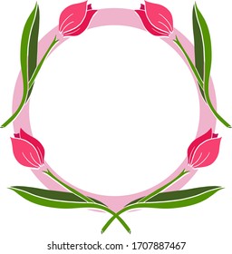 pink spring round frame with tulips at the edges for postcards, messages, confessions, posters, posters, banners