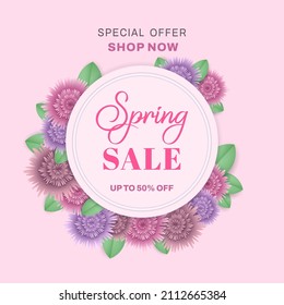 Pink spring sale background with beautiful floral. Frame, flower, foliage for banner, flyer, promotion poster, invitation, advertising template. Special offer concept. Vector illustration 