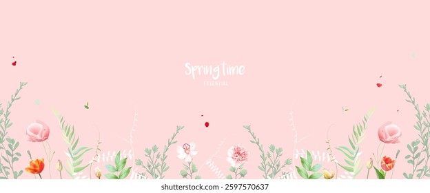 Pink spring vector flower design banner card. Pastel colored wedding frame with bright flowers and greenery. Tulips, roses, orchid, carnation, flying petals, buds and leaves. Isolated and editable
