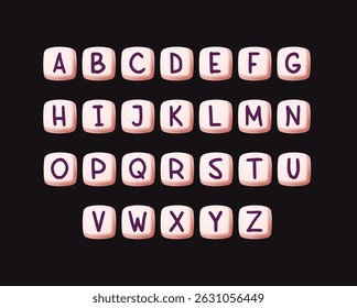 Pink square alphabet blocks featuring uppercase bold letters in purple, arranged in rows on a dark background. Concept of learning and education. Vector illustration