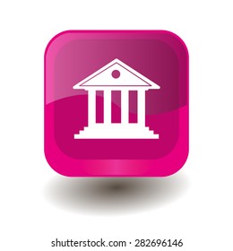 Pink square button with white building with columns sign, vector design for website