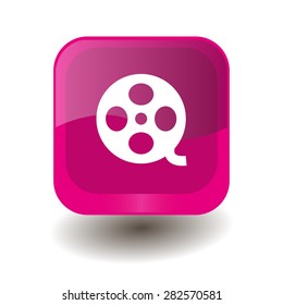Pink square button with white motion picture film reel sign, vector design for website