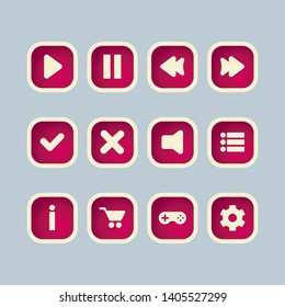 
Pink square buttons with user icons, games, pause, cross (exit), check marks, rewind arrows, volume, store, options, information for the design of games and applications interface.