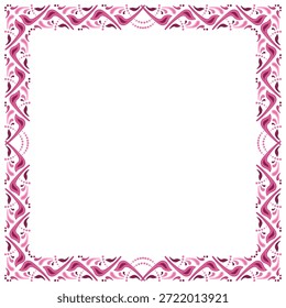 Marco cuadrado rosa en estilo étnico con lugar para texto, foto, etc. Elemento ornamental de líneas curvas y Formas. Decoración de azulejos de mosaico en estilo popular. Ornamento colorido rosado rojo étnico sobre fondo blanco
