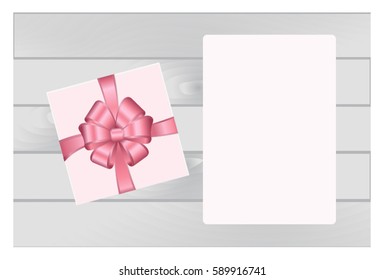Pink Square Gift Box with Pink Bow and  Sheet of paper Isolated
 on Wooden Plank Background.  Has place for your text. Vector image.