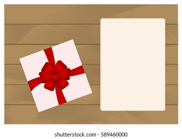Pink Square Gift Box with Red Bow and  Sheet of paper Isolated
 on Wooden Plank Background.  Has place for your text. Vector image.