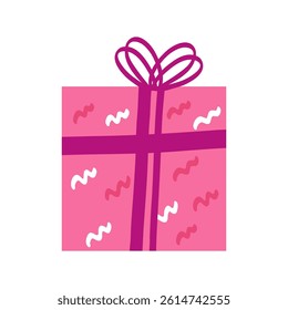 Pink square gift box vector illustration with ribbon and decorative bow. Hand drawn pastel present for celebration, birthday, or holiday in flat cartoon style.
