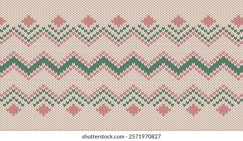 Pink square and green zigzag knitted pattern, Festive Sweater Design. Seamless Knitted Pattern