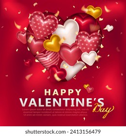 Pink square greeting card with 3d puffy colorful hearts and golden streamers in paper cut out heart shape for Valentine's Day celebration. Template of romantic banner with confetti and hearts 