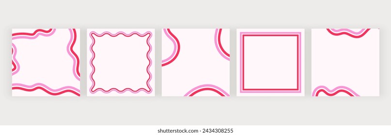 Pink square groovy banners with wavy lines 
