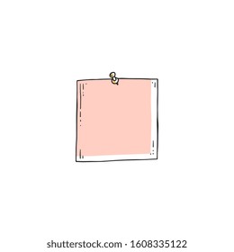 Pink square paper piece stuck on wall with needle pin - flat doodle sketch of single sticky note with blank copy space. Isolated hand drawn vector illustration.