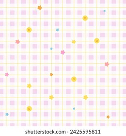 Pink square plaid with a smile faces and star pattern for background, wallpaper, backdrop, template, fabric print, banner, gift wrap, packaging, duvet, textile, shirt, clothing, garment, kid pattern