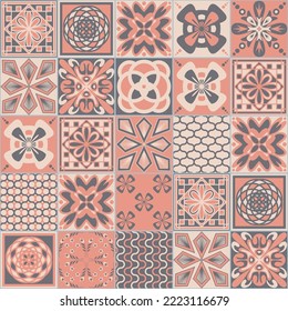 Patrón transparente cuadrado rosa, azulejos españoles Azulejo talavera, decoración de tonos grises pastel