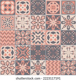 Pink square seamless pattern, spanish tiles Azulejo talavera, pastel gray vintage ornate decoration, vector illustration