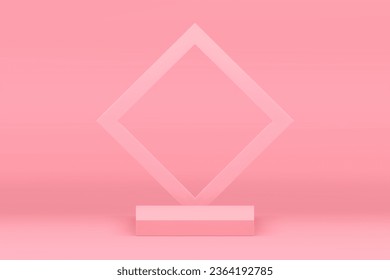 Pink squared 3d podium elegant pedestal with rhombus wall background for promo realistic vector illustration. Modern geometric stand empty showcase display for feminine cosmetic product advertising