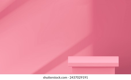 Pink squared 3d podium pedestal window light shadow wall background realistic vector illustration. Elegant feminine geometric neutral showcase display mock up for cosmetic product show presentation