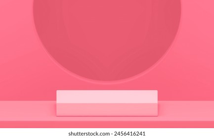 Pink squared 3d podium pedestal with circle hole wall background realistic vector illustration. Geometric elegant feminine display showroom mock up for cosmetic beauty product show presentation
