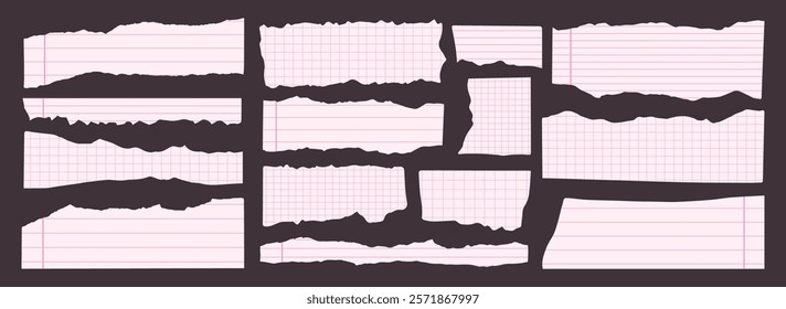 Pink Squared Lined Paper Scraps. Torn paper sheet in retro style for scrapbooking. Notebook ripped elements. Vector ripped paper edges clipart.