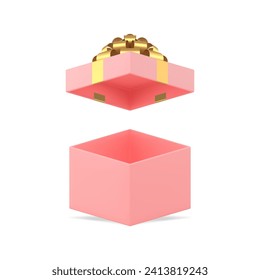 Pink squared open gift box with golden bow ribbon feminine present pack 3d icon realistic vector illustration. Empty luxury girlish package for festive holiday surprise birthday anniversary congrats