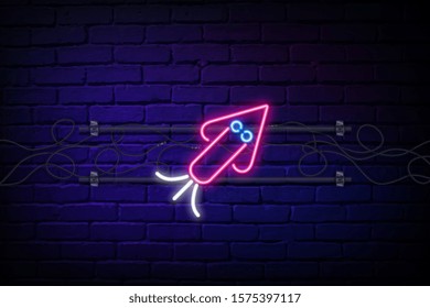 Pink squid neon logo icon vector illustration. Emblem, neon signboard for restaurant, cafe with seafood. Glowing banner, a template for your projects. Neon alphabet.