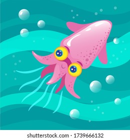El calamar rosa en el agua, las olas y las burbujas. Ilustración de niños vectores.