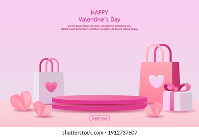 Pink stage for placing products. 
Empty cylinder podium. Concept of love or Valentine's Day. Sweet pink background decorated with hearts, Gift boxes and shopping bag. Designed for background, banner