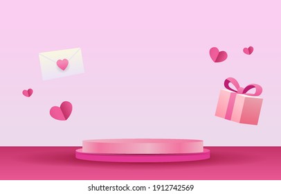 Pink stage for placing products. 
Empty cylinder podium. Concept of love or Valentine's Day. Sweet pink background decorated with hearts, Gift boxes and love letters. Designed for background, banner