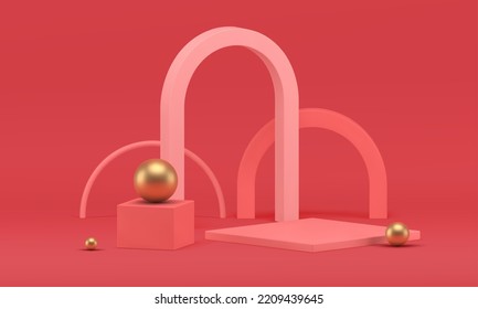 El podio rosado 3d muestra la presentación del producto con una representación geométrica de la ilustración vectorial realista. Escuadrón rhombus peatonal arco curvo esfera dorada de diseño minimalista premium decorativo