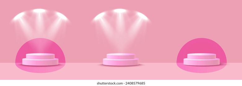 Pink stage podium with lighting, Stage Podium Scene for an Award Ceremony on a pink background, Vector illustration.
