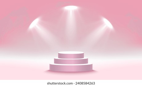 Pink stage podium with lighting, Stage Podium Scene for an Award Ceremony on a pink background, Vector illustration.